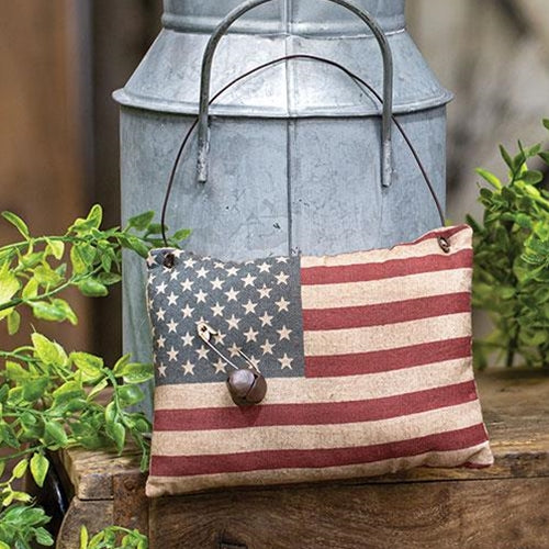 Rustic Flag Pillow Ornament with Jingle Bell