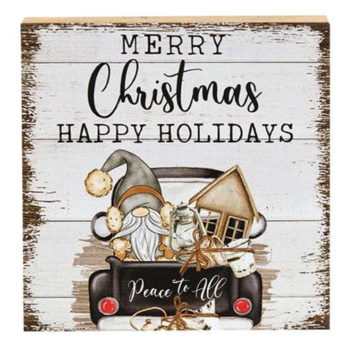 Peace To All Gnome Christmas Truck Small Wooden Block Sign