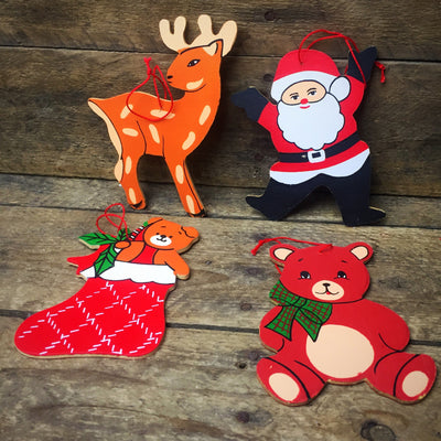 Surprise Me Sale 🤭 Vintage Set of 4 Santa Reindeer Bear & Stocking Painted Wood Ornaments