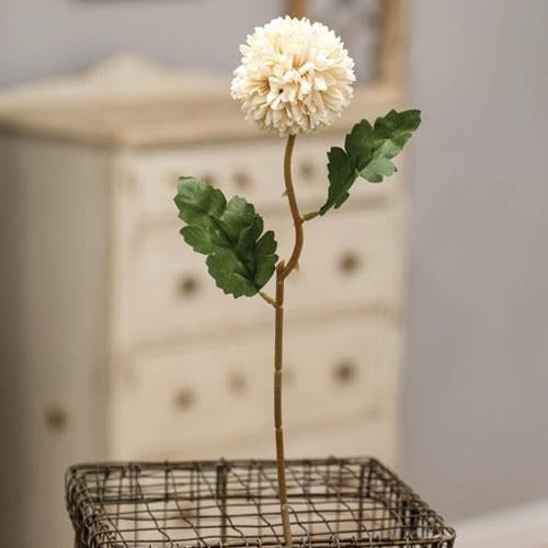 💙 White Pompom Faux Flower Stem 14" H