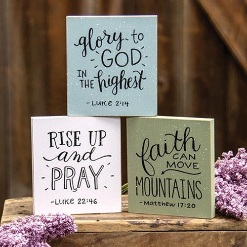 Faith Glory Rise Up and Pray Set of 3 Small Square Block Signs