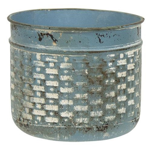 Distressed Blue Metal Basketweave Pot