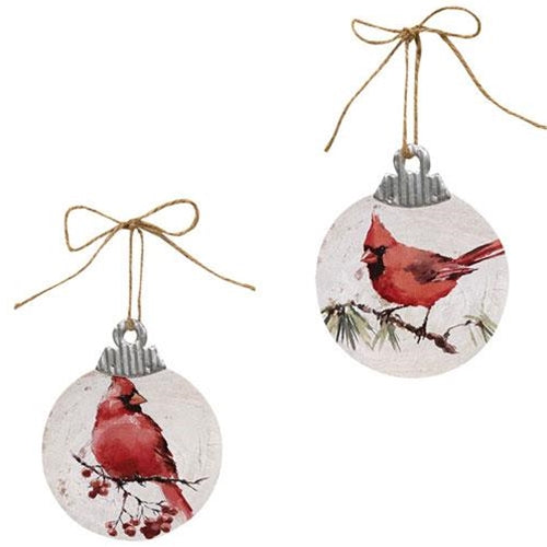 Set of 2 Wood & Galvanized Cardinal Ornaments