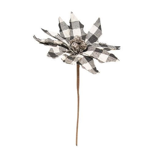 💙 Black & White Buffalo Check Poinsettia Flower with Jingle Bells
