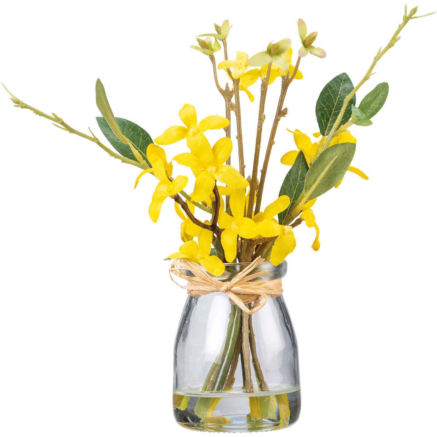 💙 Forsythia and Greens 6" Faux Florals in Glass Vase
