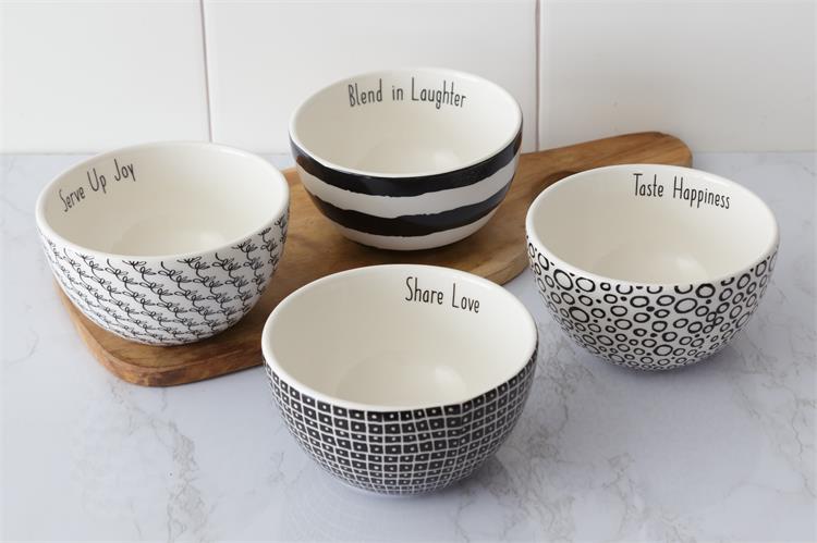 Set of 4 Black and White Festive Words Artisan Bowls