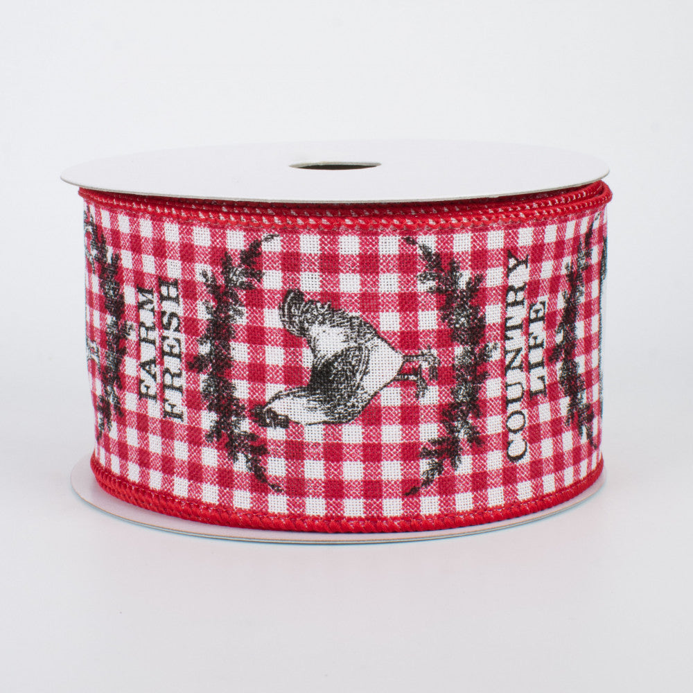 Farmhouse Animals White & Red Check Ribbon 2.5