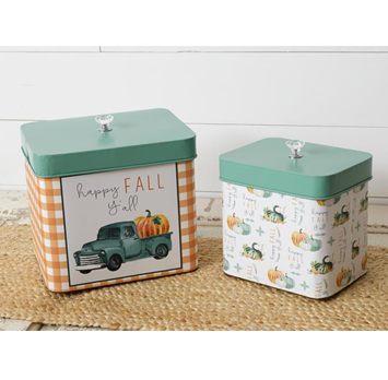 Set of 2 Happy Fall Y'all Truck and Pumpkins Tins