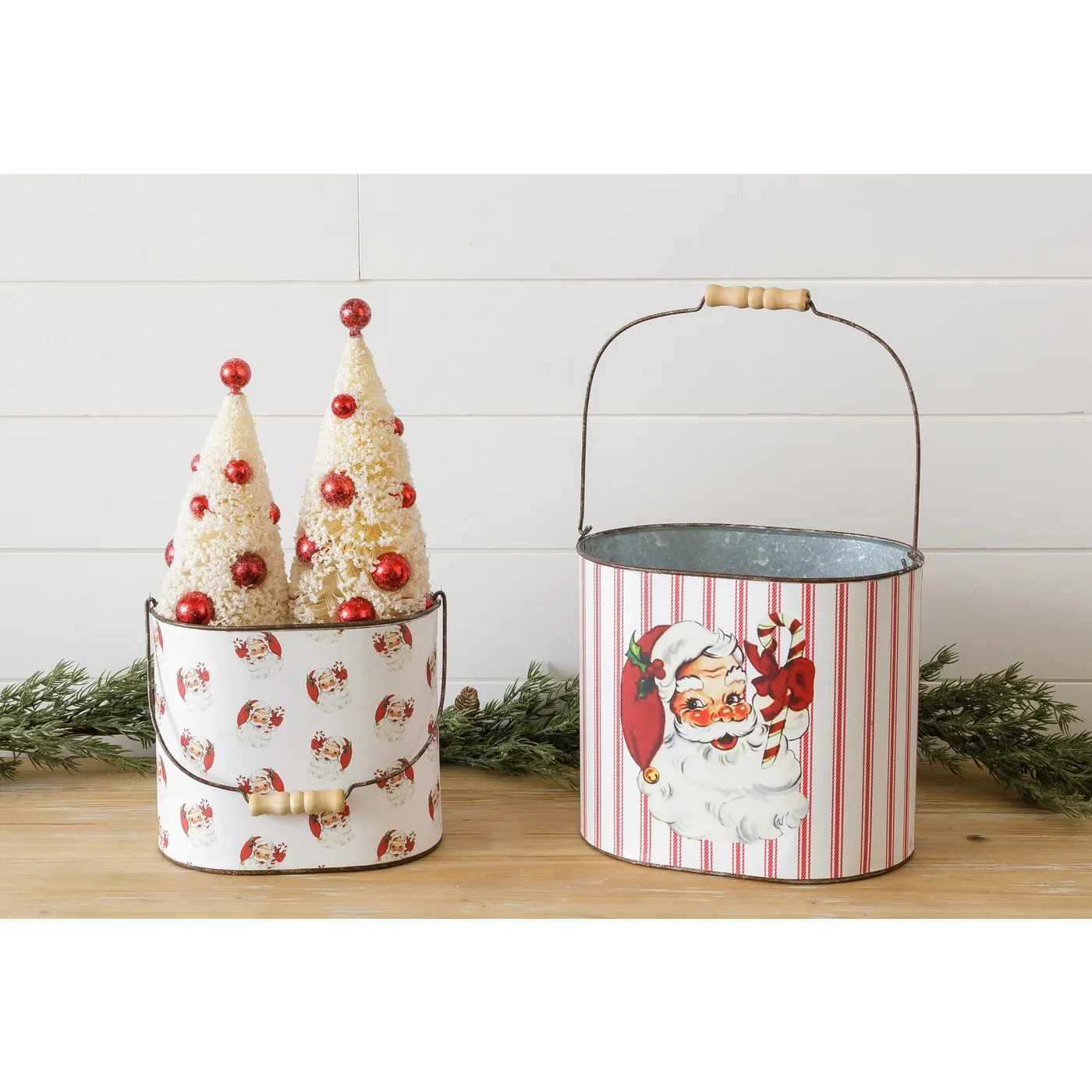 Set of 2 Vintage-Style Santa Tin Containers with Handles