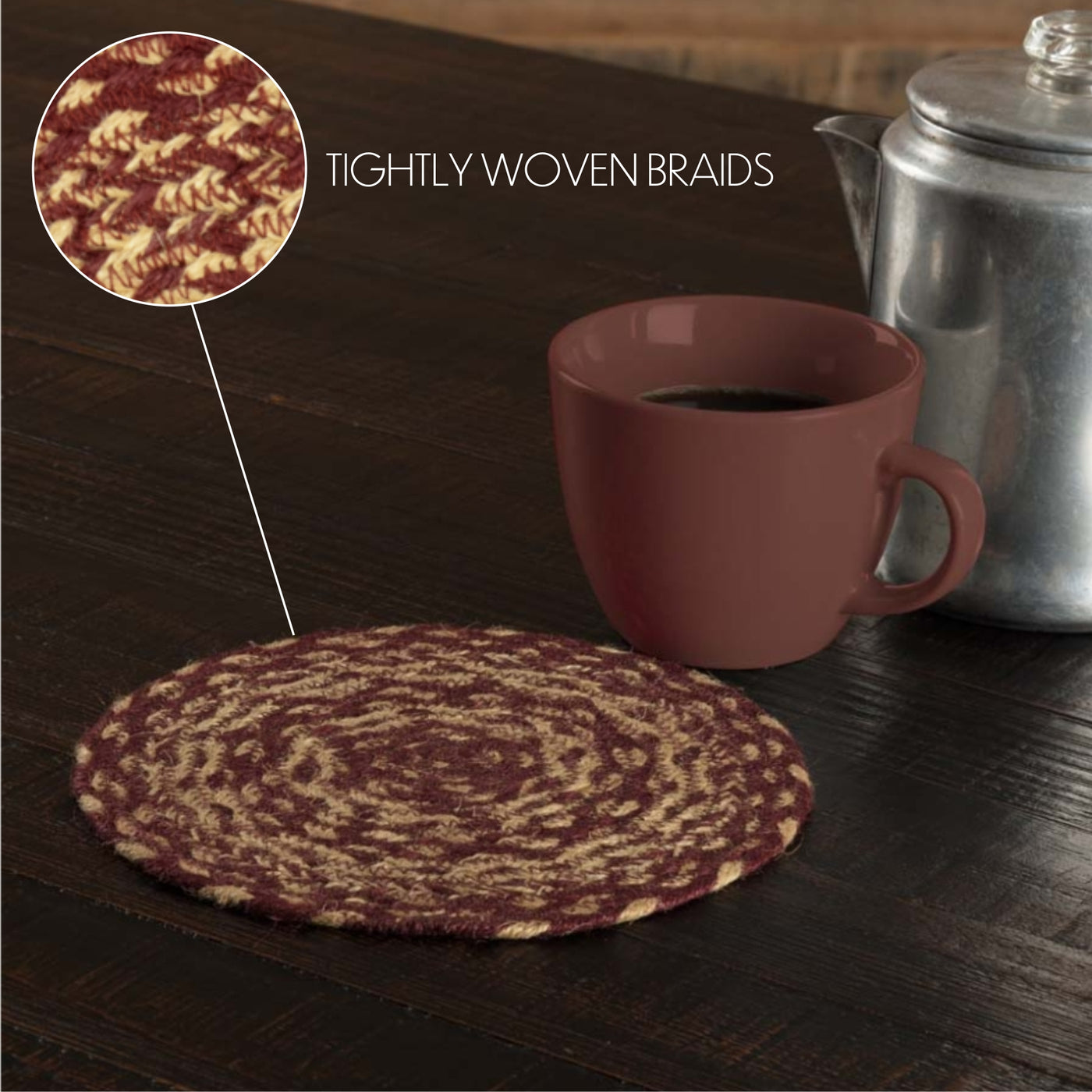 Burgundy Tan Jute Trivet 8''