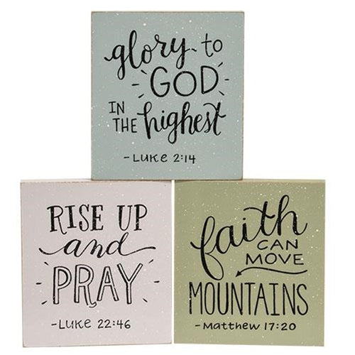 Faith Glory Rise Up and Pray Set of 3 Small Square Block Signs