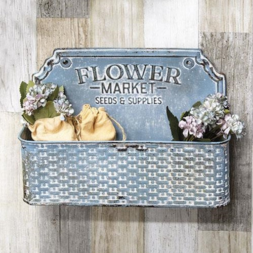 Distressed Blue Flower Market Metal Basket