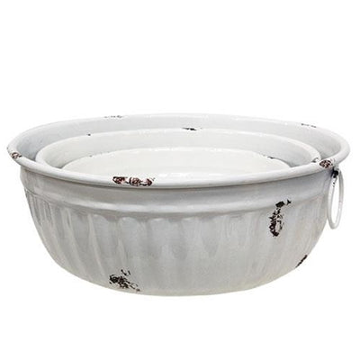 Set of 3 Distressed White Metal Bowls With Handles