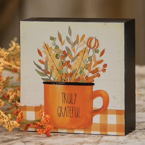 Truly Grateful Fall Floral Mug Small Block Sign