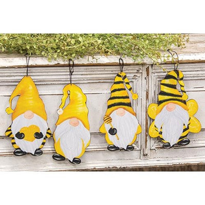 Set of 4 Gnome Bee Metal Ornaments
