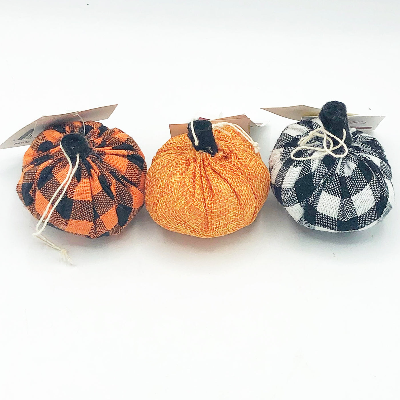 Set of 3 Mini Fabric Pumpkins - Orange Black Buffalo Plaid
