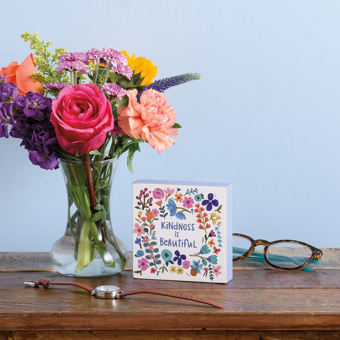 HAPPY BIRTHDAY🎂 💙 Kindness Is Beautiful Floral Small Block Sign