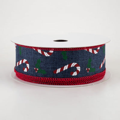 Candy Canes & Holly On Navy Ribbon 1.5" x 10 yards