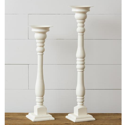 Set of 2 White Antiqued Pillar Candle Holders