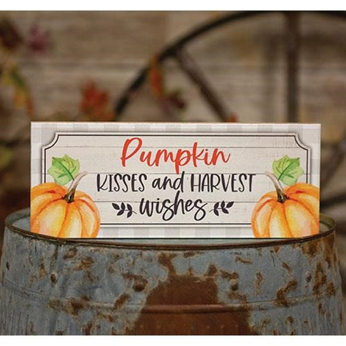 Pumpkin Kisses and Harvest Wishes 10" Wooden Block Sign