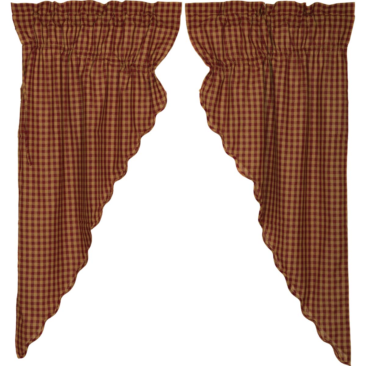 Set of 2 Burgundy Check Scalloped Prairie Short Panel Curtains