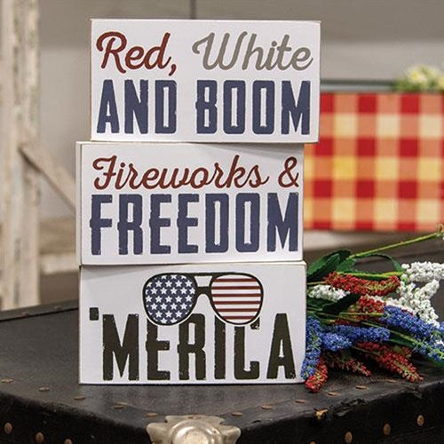 Set of 3 Fireworks & Freedom 4th of July Wooden Blocks