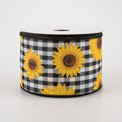 💙 Sunflowers on Black & White Gingham Ribbon 2.5" x 10 yards