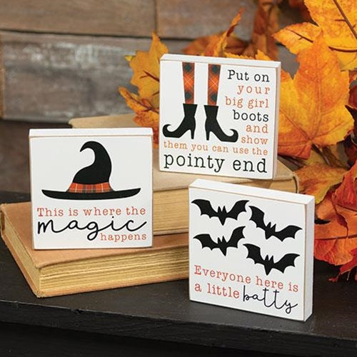 Set of 3 Witch and Bats Halloween Small Block Signs