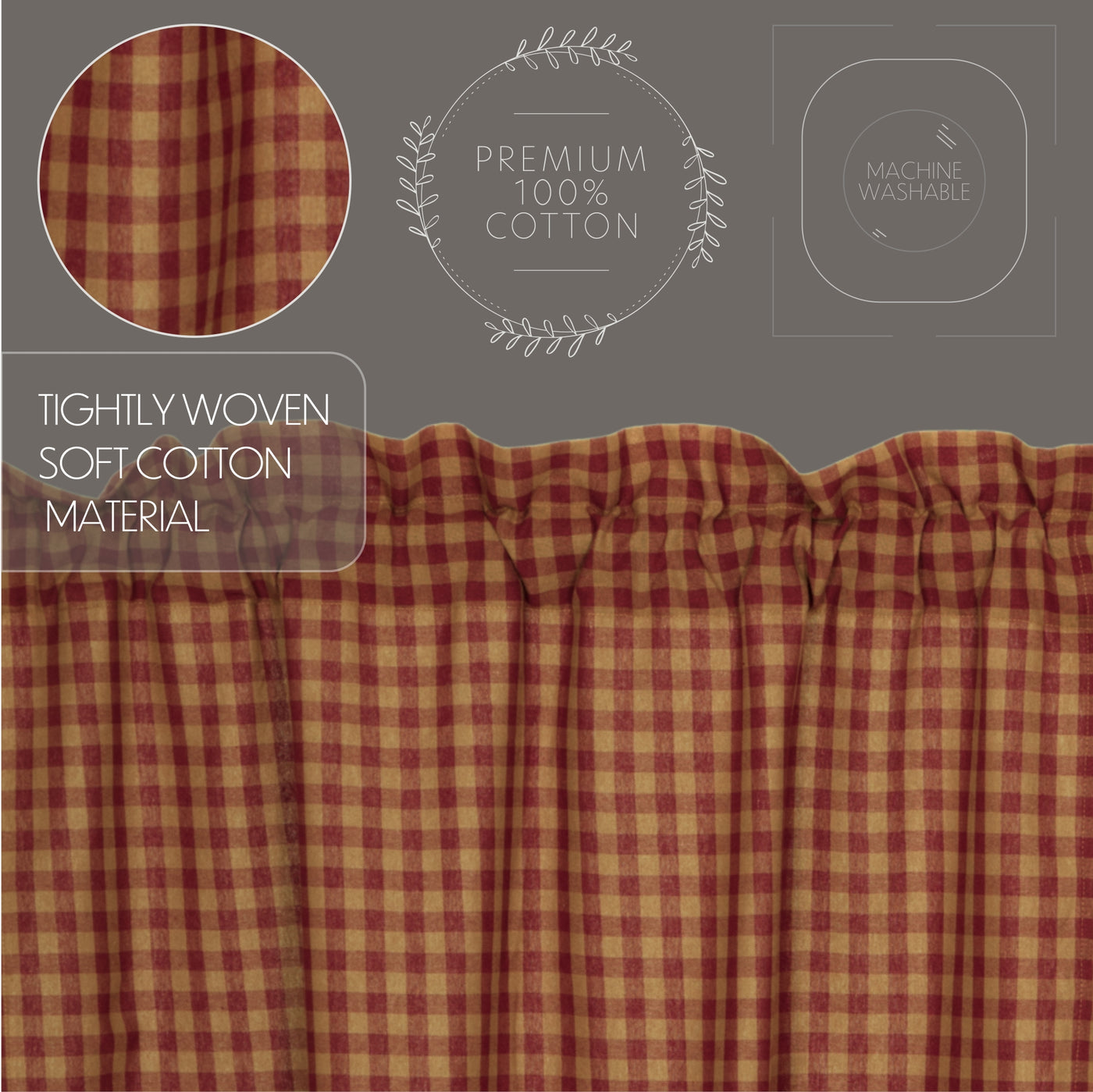 💙 Set of 2 Burgundy Check Scalloped Prairie Short Panel Curtains