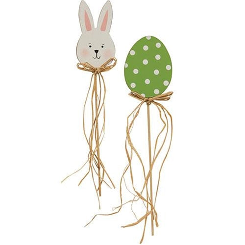Set of 2 Easter Egg and Bunny With Raffia Picks