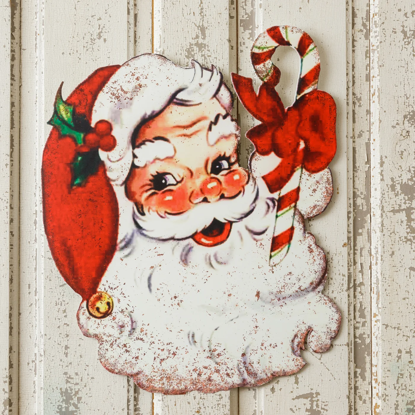 Vintage-Style Santa Face with Candy Cane 18.5" H Sign