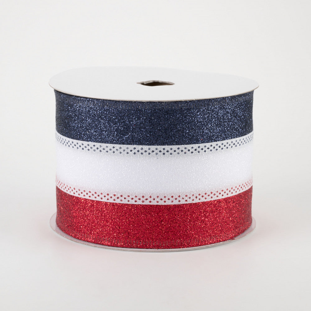 💙 Red White & Blue Shimmer Glitter Stripe Ribbon 2.5" x 10 yards