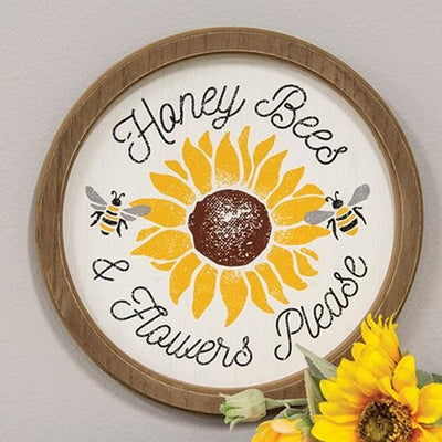 Honey Bees & Flowers Please Sunflower 11" Circle Framed Sign