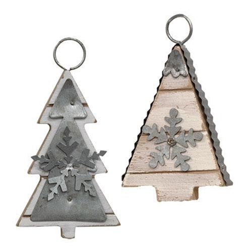 🎄💙 Set of 2 Galvanized Metal & Wood Tree Shaped Ornaments