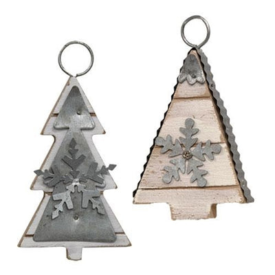 🎄💙 Set of 2 Galvanized Metal & Wood Tree Shaped Ornaments