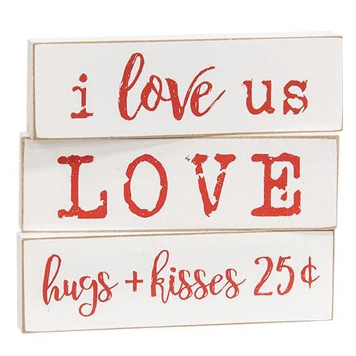 Set of 3 I Love Us Hugs + Kisses Mini Block Signs