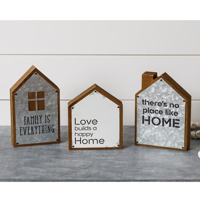 Set of 3 Home Sentiments Galvanized Metal and Wood Block Houses