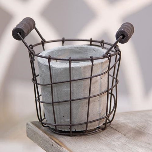 Rustic Cement Pot with Handled Metal Holder