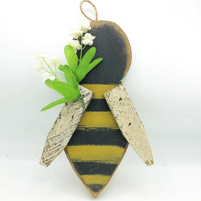 💙 Rustic Wood Bee With White Floral Accents Hanging Decor