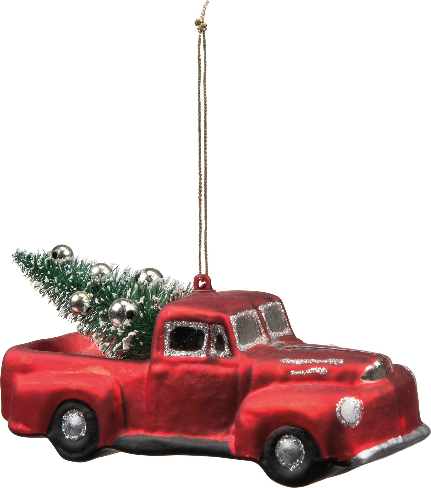 💙 Red Truck with Tree Glass Ornament
