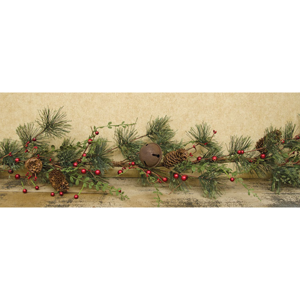 Red Pip Berries with Pine and Bells 4 ft Faux Garland
