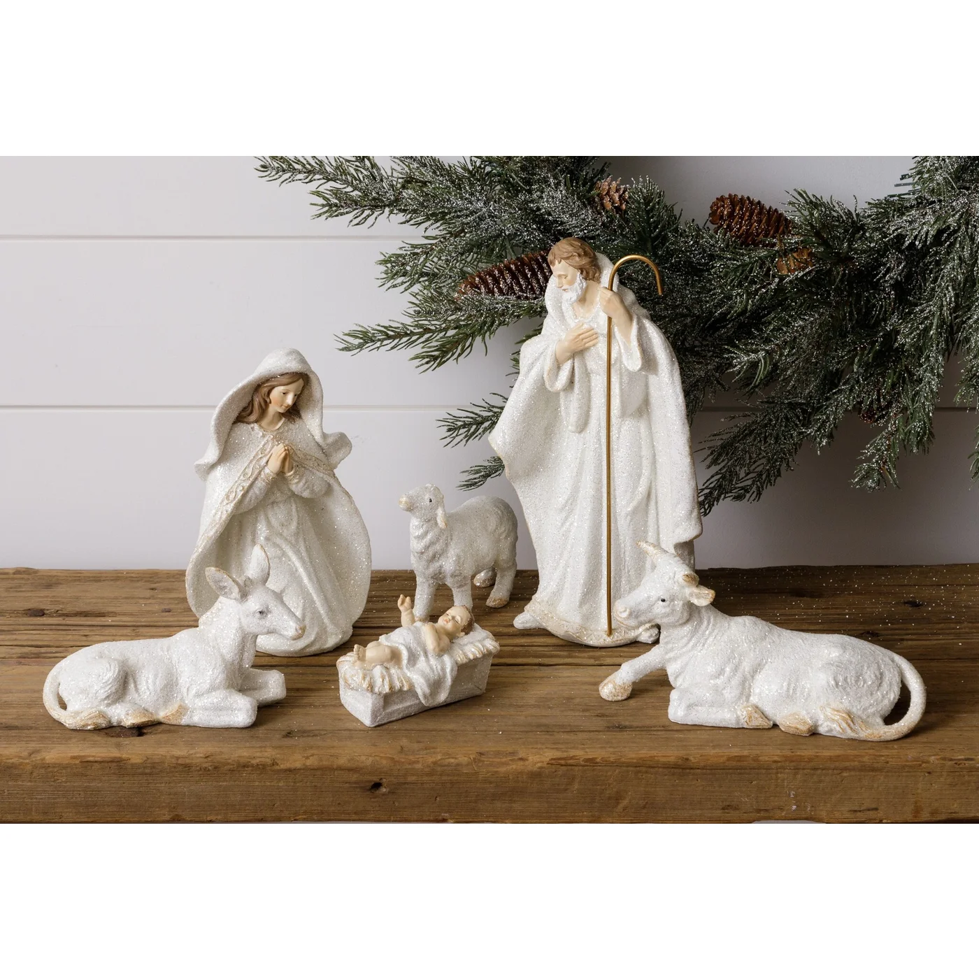 Nativity Set Six Piece White Glittered Elegant Figures