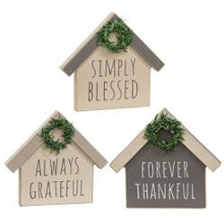 Set of 3 House with Wreath Sitters Thankful Grateful Blessed