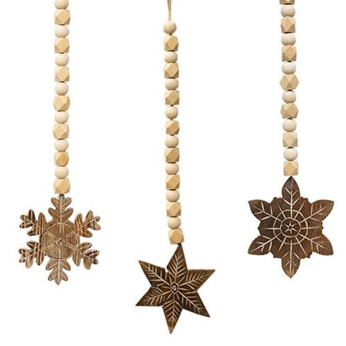 Natural Wood Beaded Snowflake Tassel Ornaments Set of 3