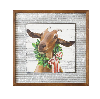 Christmas Goat Corrugated Metal And Wood Sign - Goat