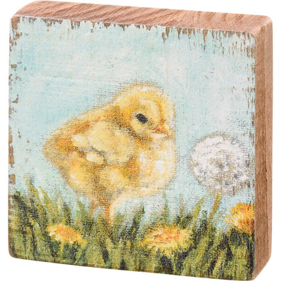 💙 Baby Chicks With Dandelions Small Wooden Block Sign