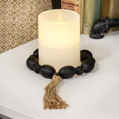 💙 Black Distressed Wood Oval Bead Candle Ring With Jute Tassel