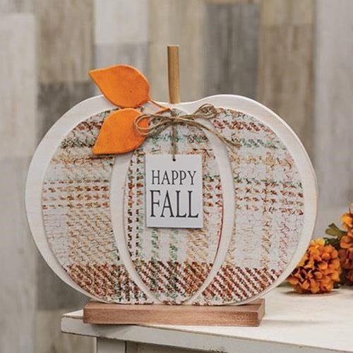 Happy Fall Plaid 11" Wood Pumpkin Sitter Sign