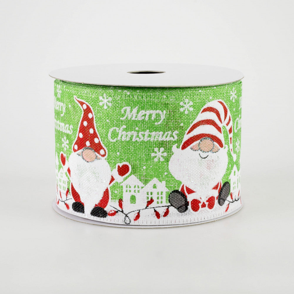 Merry Christmas Gnomes Lime Green Background Ribbon 2.5" x 10 yards