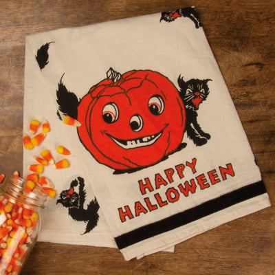 💙 Happy Halloween Retro Cat and Pumpkin Kitchen Towel